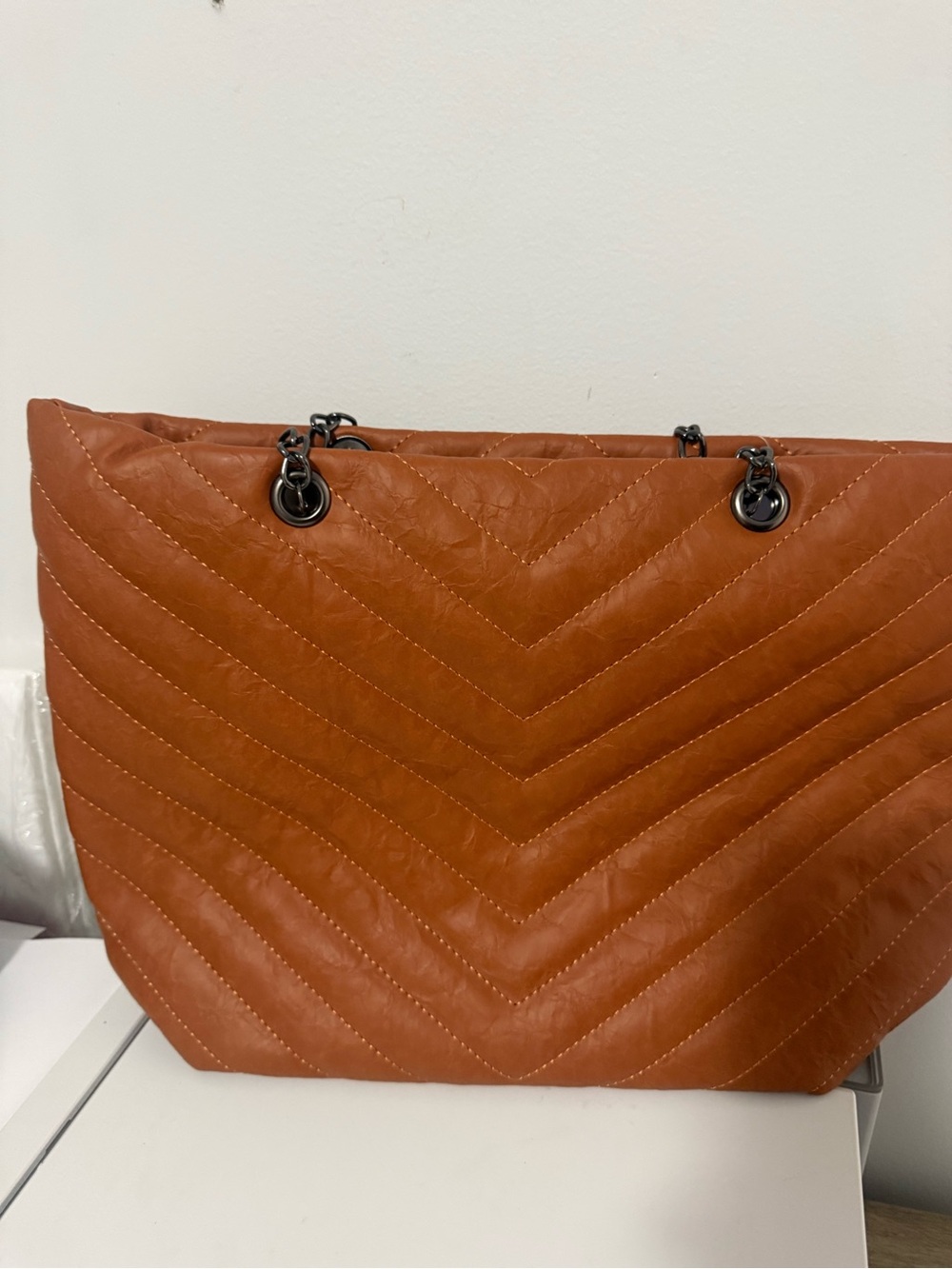 Quilted Chevron Tote Bag in Cognac Brown